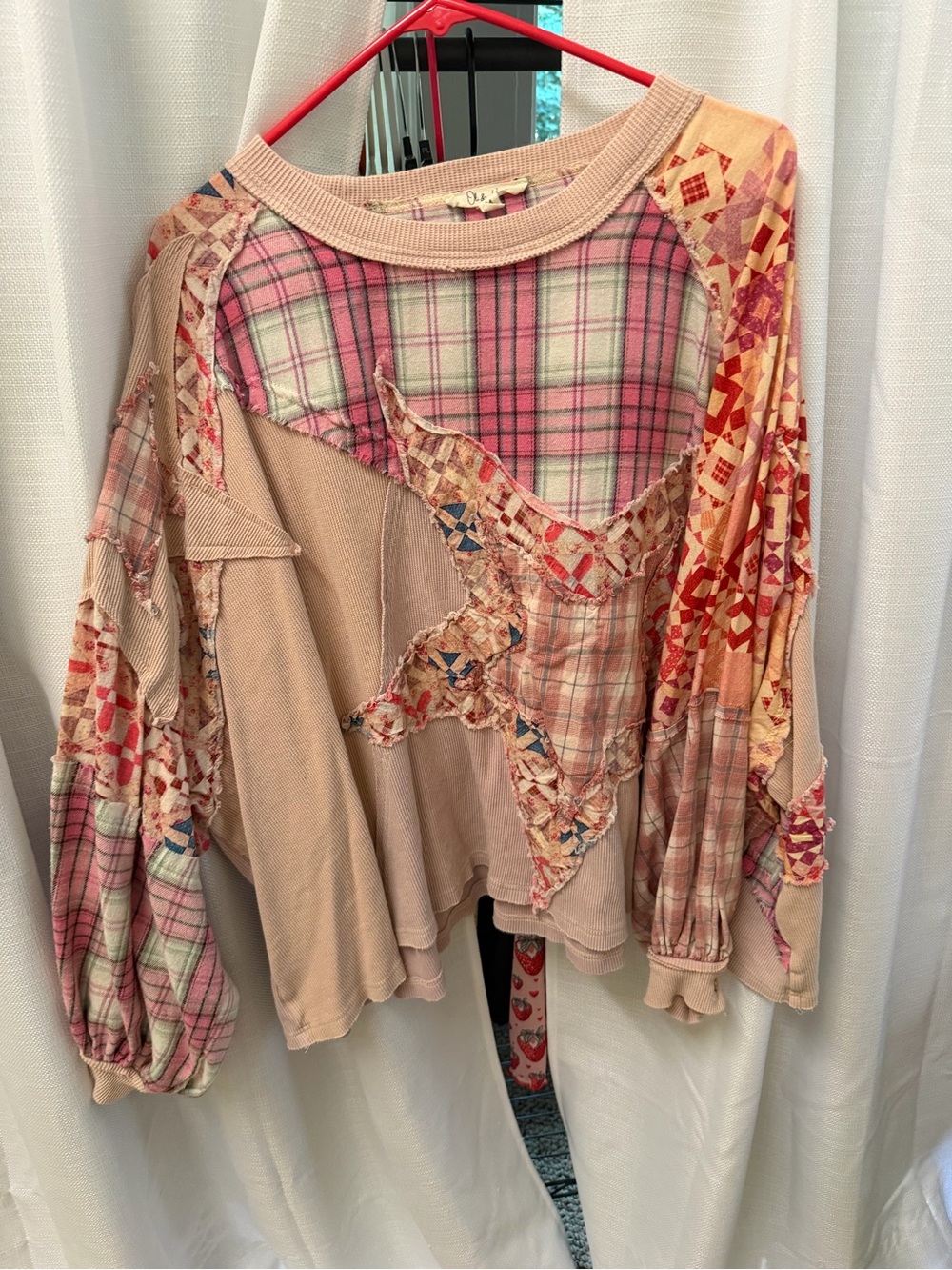 Oli and Hali Patchwork Pink Plaid Women's Pullover Top